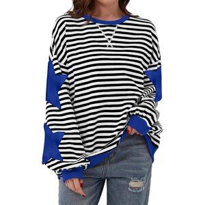 Women Oversized Cotton Blend Striped Star Crew Neck Pullover Sweater